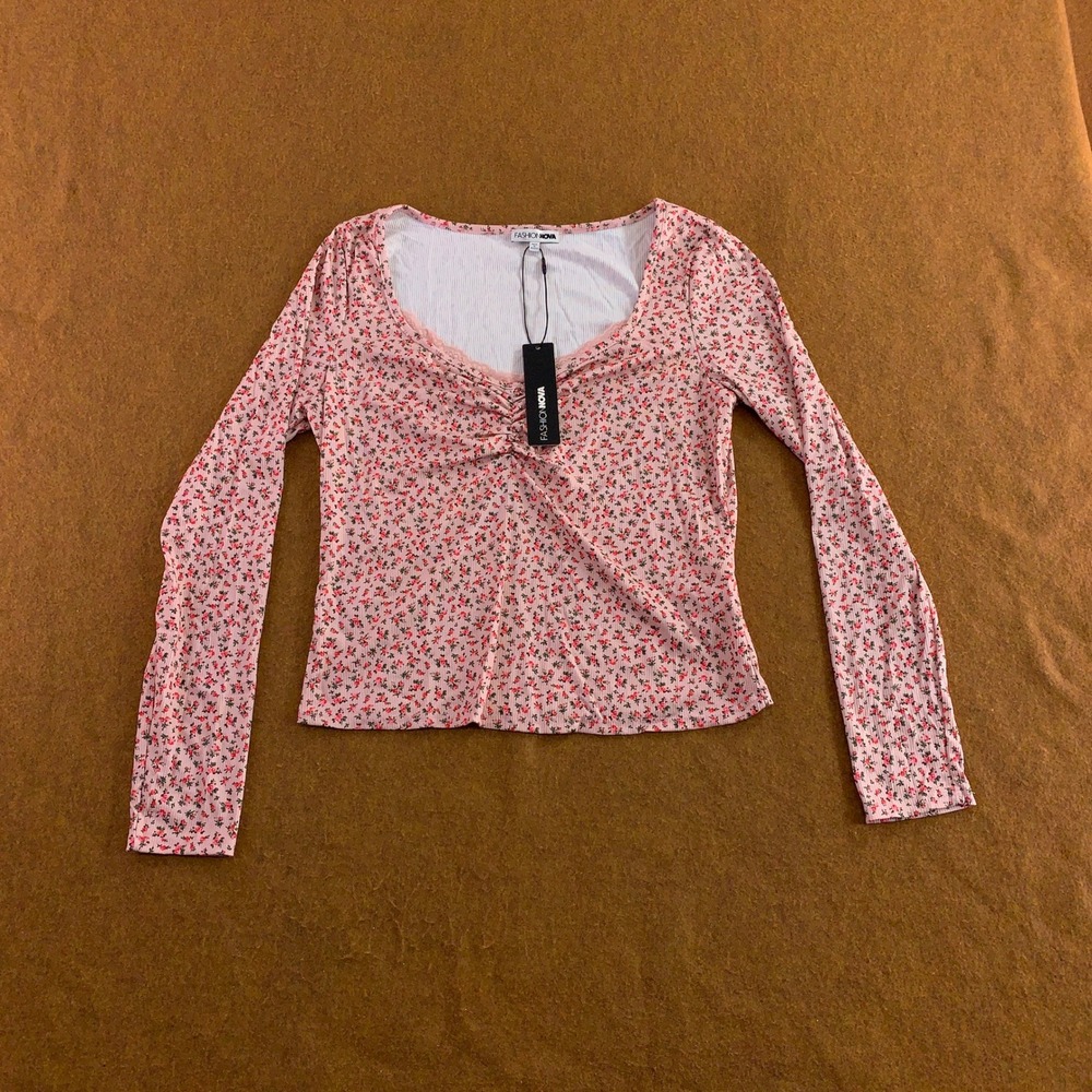 Fashion Nova Womens 1X Pink Floral Ribbed Lace Trim Long Sleeve Top NWT
